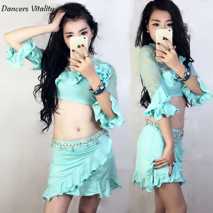 

Belly Dance Costume Latin Dance Bellydance Clothing Indian Dancing 5 Points Sleeve + Short Skirt 2pcs Cha-Cha Dance Costumes