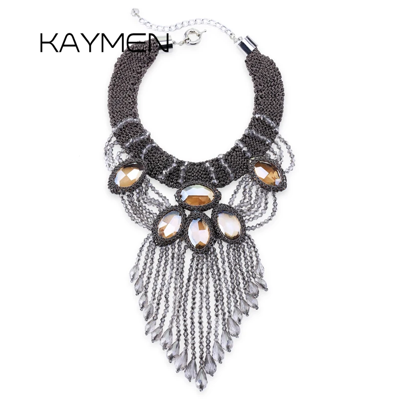 

New Luxury Handmade Crystals Weaving Statement Necklace Pendant for Women Girls Strands Crystal Tassels Chokers Necklace 1631