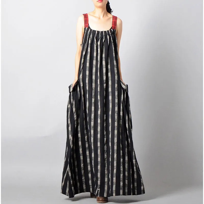 

New Summer Sleeveless Tank Dresses Vintage Casual Plaid Loose Tie Cotton Linen Women Dresses black