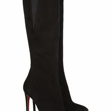 Модные черные женские Soulier Femme на высоком каблуке остроносые туфли Сапоги до колена бархат Zapatos