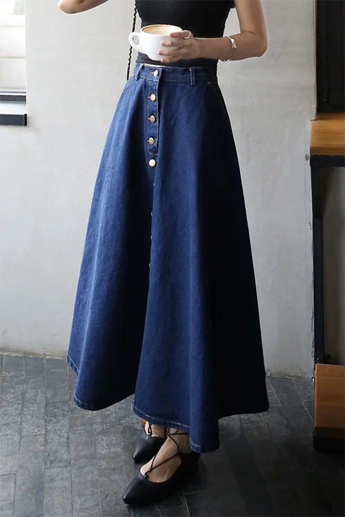 Модная Джинсовая однотонная женская длинная трапециевидная юбка с высокой талией в Корейском стиле, женские повседневные джинсовые юбки на пуговицах, женские трендовые женские юбки