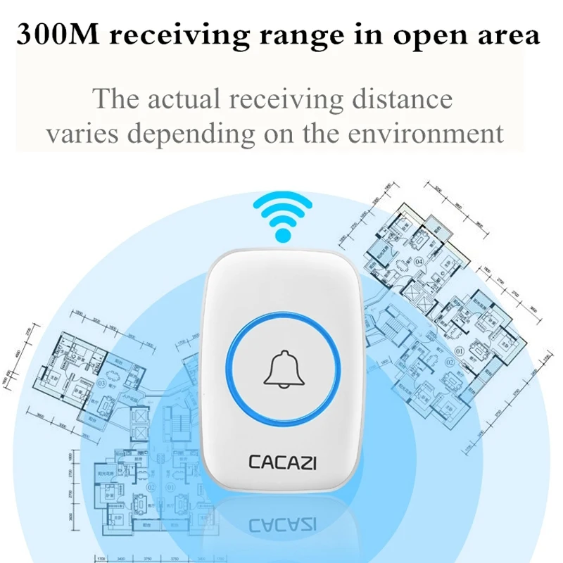 CACAZI AC 100-240 в дверной звонок Водонепроницаемый 300 м Рабочий диапазон беспроводной дверной звонок 1 передатчик+ 2 приемника 38 кольцевых мелодий дверной Звонок