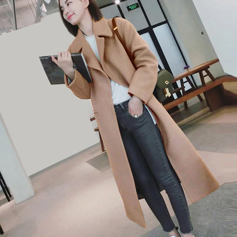 

New Thicken Wool Coat Outwear Jacket Casual Autumn Winter Elegant Long Coats S-2XL Women Long Sleeve Turn-down Collar