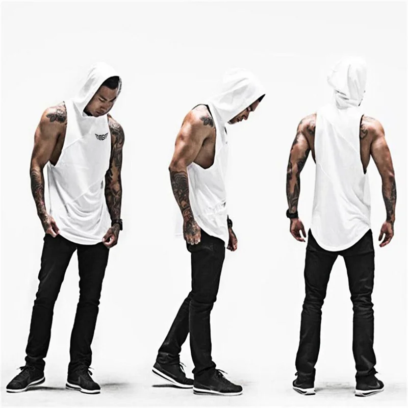 

Muscleguys Bodybuilding Stringer Tank Top with hooded Mens Gyms Clothing Fitness Mens Sleeveless Vests Cotton Singlets Tankops