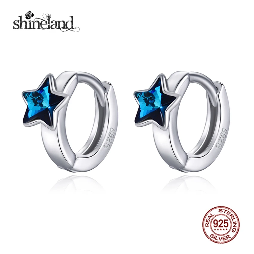 Shineland Blue Stars Round Circle Hoop Earrings 925 Sterling Silver Jewelry For Women Girls Statement Summer Hot Gifts | Украшения и
