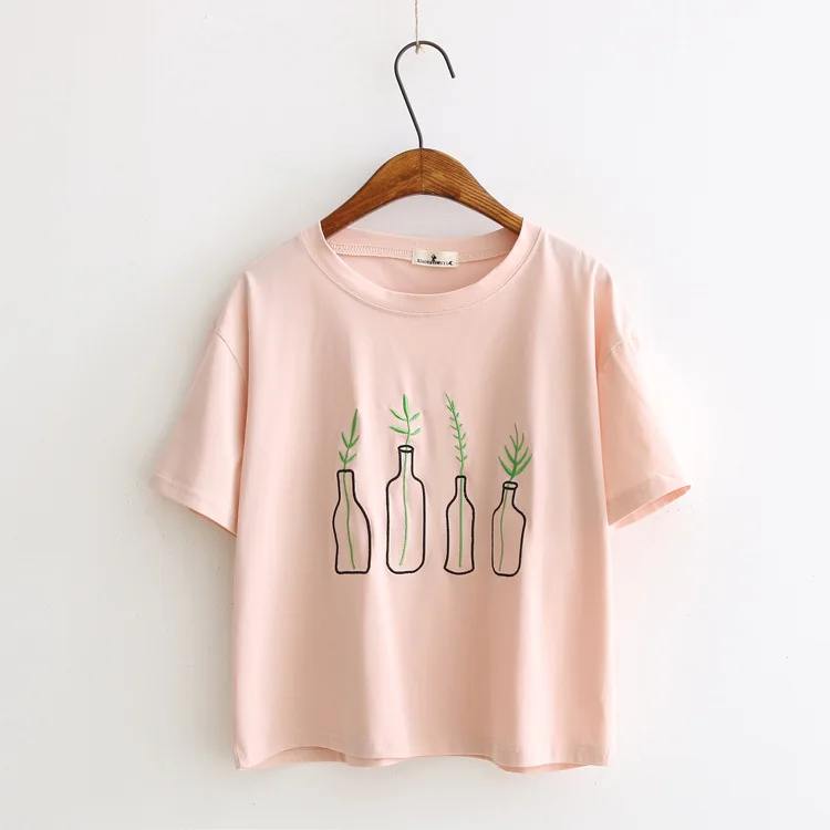 LUNDUNSHIJIA футболка с вышивкой в виде вазы, женские топы, Женская Повседневная футболка, летняя модная футболка, летняя 4347 - Цвет: Розовый