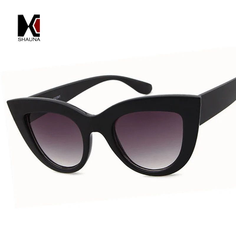 SHAUNA Classic Women Cat Eye Sunglasses Retro Ladies Black Frame Blue Reflective Lens Glasses