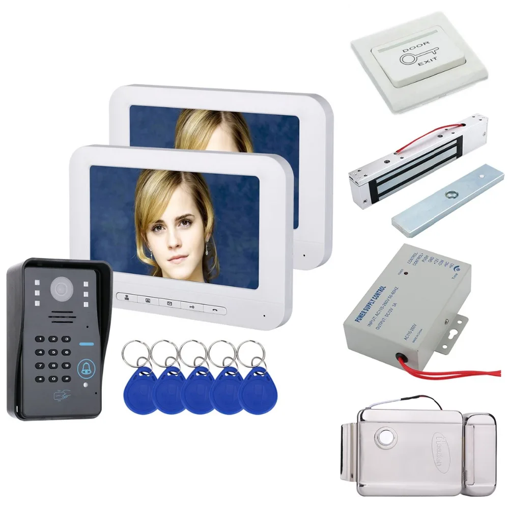 

Home set 7" LCD 2 Monitors RFID Password Video Door Phone Intercom Doorbell IR-CUT Camera Access Control System+ Electric Lock