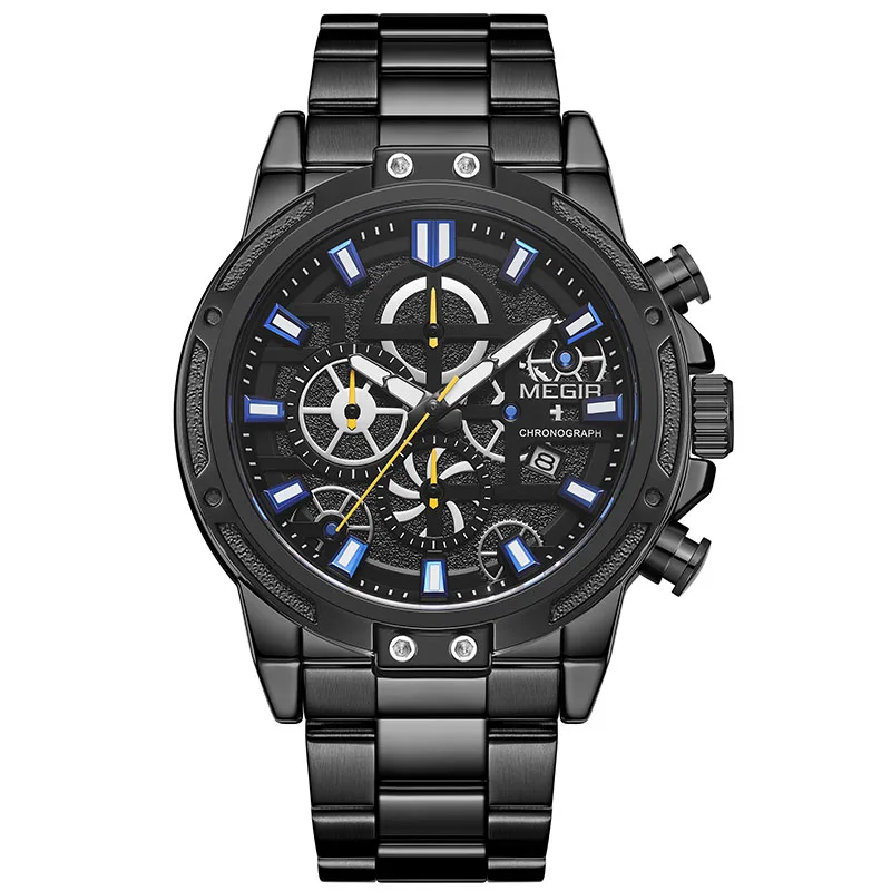 Relogio Masculino, MEGIR, новинка, спортивный хронограф, мужские наручные часы, Лидирующий бренд, роскошные полностью Стальные кварцевые часы, водонепроницаемые, большой циферблат, часы для мужчин - Цвет: MS2108G-BLACK