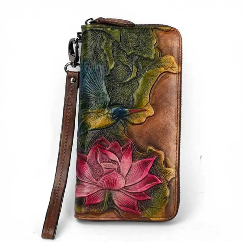 

Tree Paste Leather Purse Head Layer Cowhide Retro Long Zipper Purse Large Capacity European and American Fashion Handbag