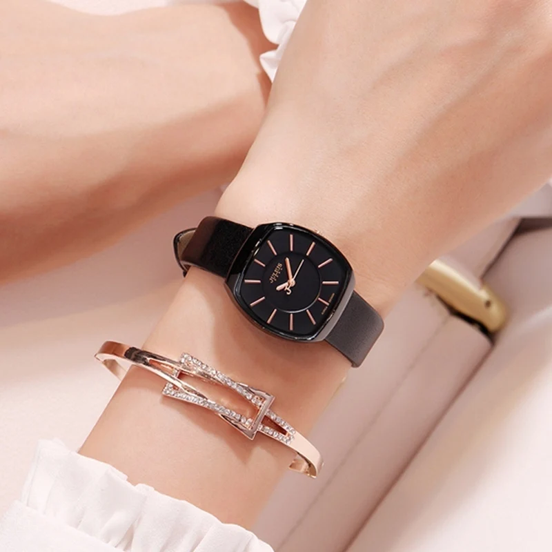 Женские трендовые часы с кожаным ремешком, японские кварцевые роскошные качественные милые часы для женщин, модные водонепроницаемые повседневные часы для девочек - Цвет: Черный