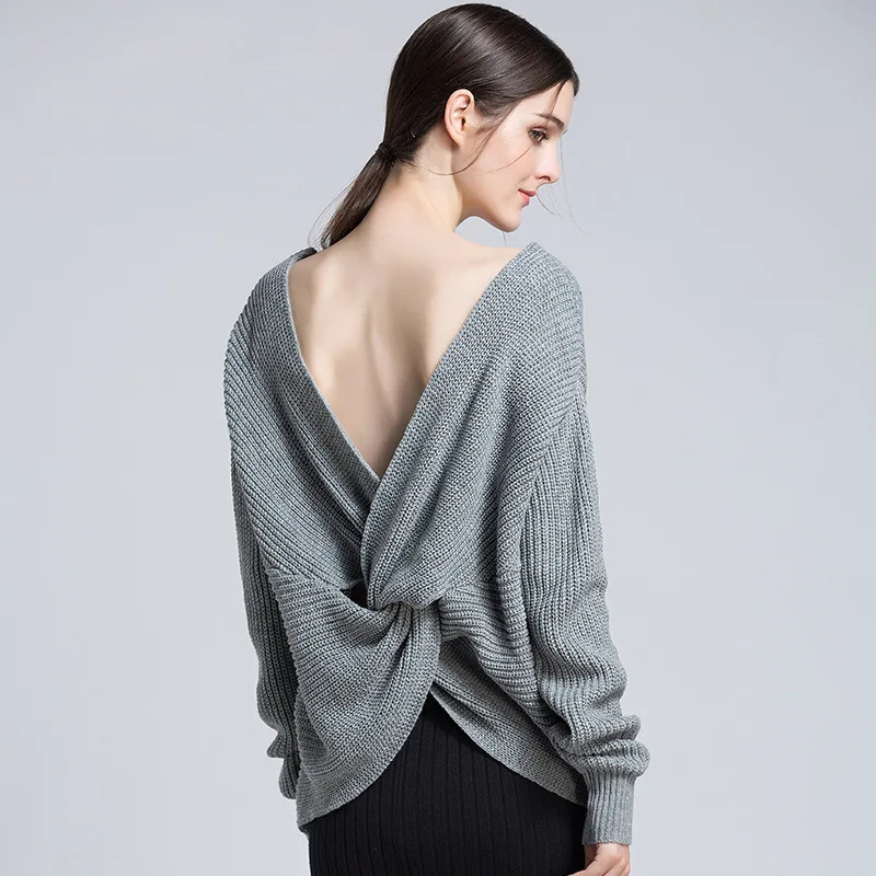 

Sexy Deep V Neck Open Back Drop Shoulder Knitted Sweater for Women Cute Ladies Backless Wrap Pullover Jumper Plus Size S-XL