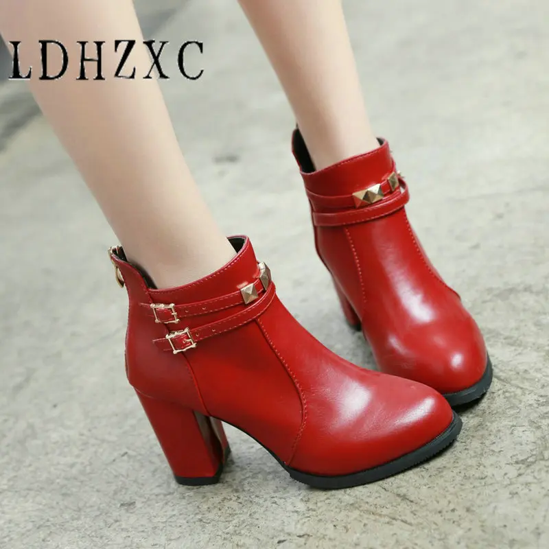 

LDHZXC Women Ankle Boots Lace Up Round Toe Pu Leather Thin High Heel All Match Shoes Woman Fashion Ankle Boots Size 34-48