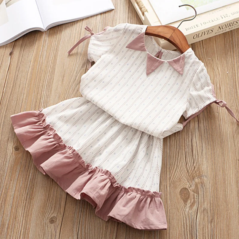 

Hurave New short sleeve striped blouses+ skirts sets baby Girl clothes Children Summer Kids Clothes Casual ruffles infant suits