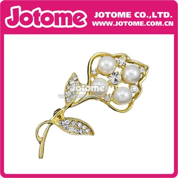 

100pcs/lot Gold White Crystal Rhinestone White Imitation Pearl Flower Brooch
