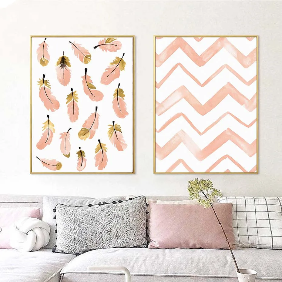 

Gold Feather Pink Wave Nordic Poster&Print Wall Art Picture For Bedroom Canvas Painting Art Mural Modern Home Decor