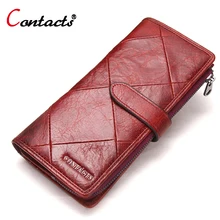 CONTACT’S Genuine Leather Men Wallet Women wallet Luxury Brand Purse Female Card Holder long Clutch bag coin Purse Money Bag Red