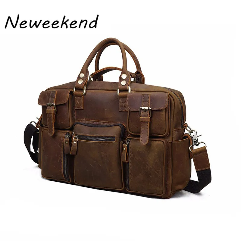 NEWEEKEND 3061 Vintage Genuine Leather Crazy Horse Multi-Pocket 13 Inch Handbag Crossbody Travel Luggage Laptop Bag for Man