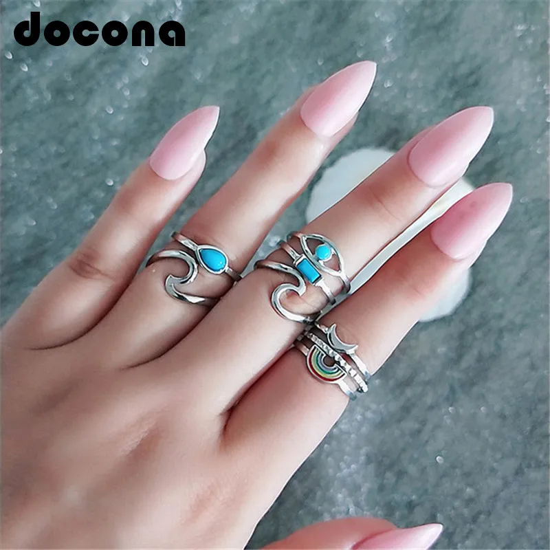 

docona Vintage Silver Color Wave Rainbow Rings Set for Women Girl Metal Blue Rhinestone Eye Midi Ring Set 8pcs/1set 6584