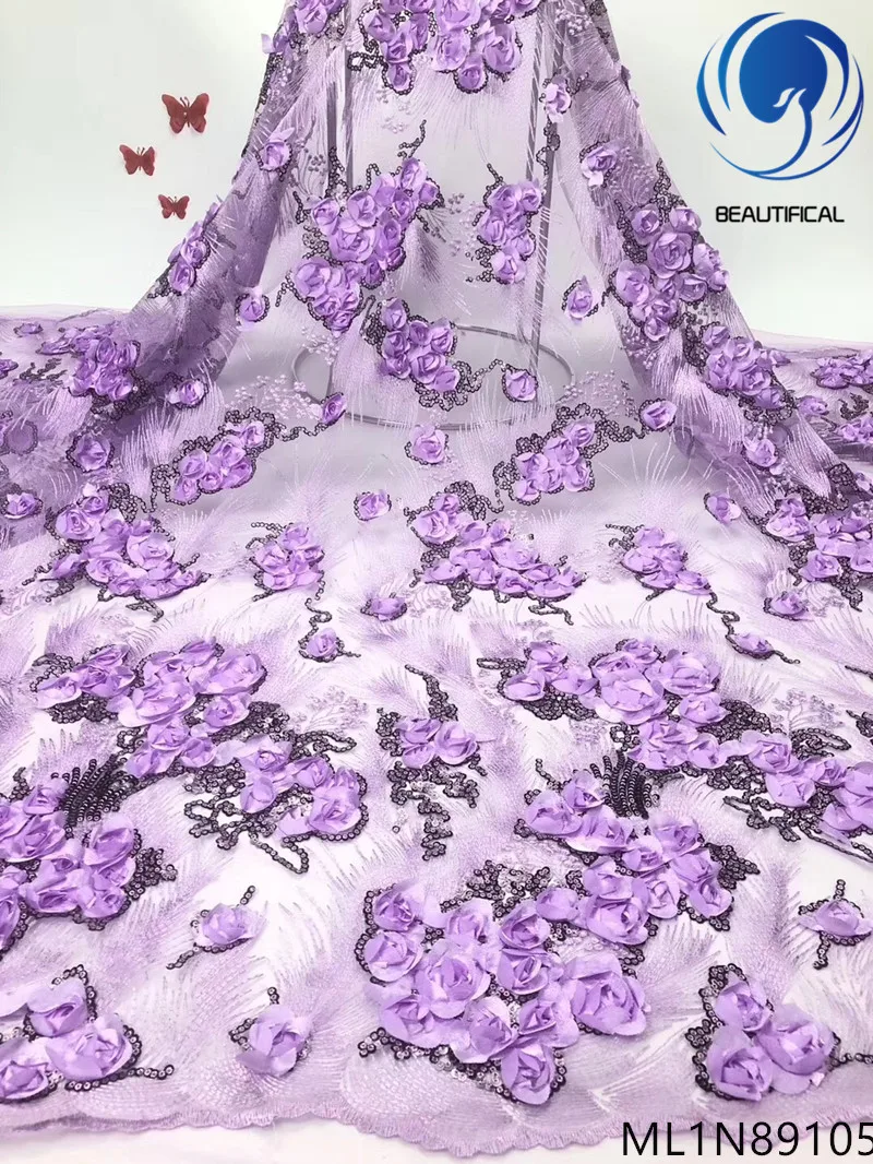 

BEAUTIFICAL purple french lace fabrics Fashion 3d flowers embroidery net lace fabrics for dress lace sequins fabric ML1N891