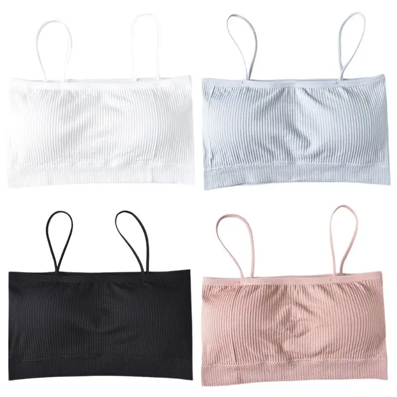 

Women Girls Seamless Bandeau Spaghetti Strap Off Shoulder Solid Color Bralette Wireless Thread Ribbed Underwear Summer Crop Tops