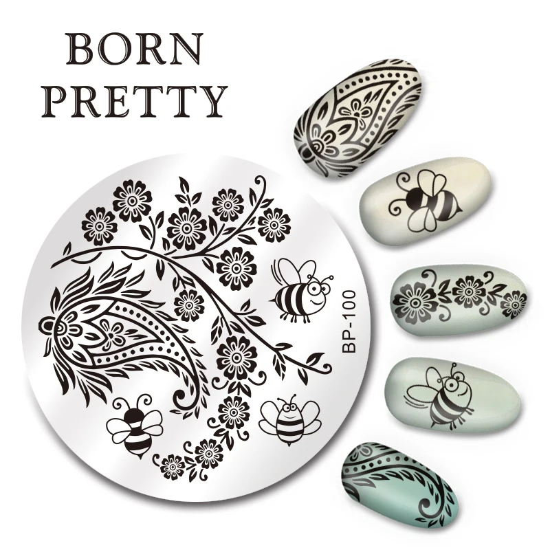 

BORN PRETTY 5.5cm Round Nail Art Stamp Template Arabesque Honeybee Design Manicure Nail Image Plate BP-100