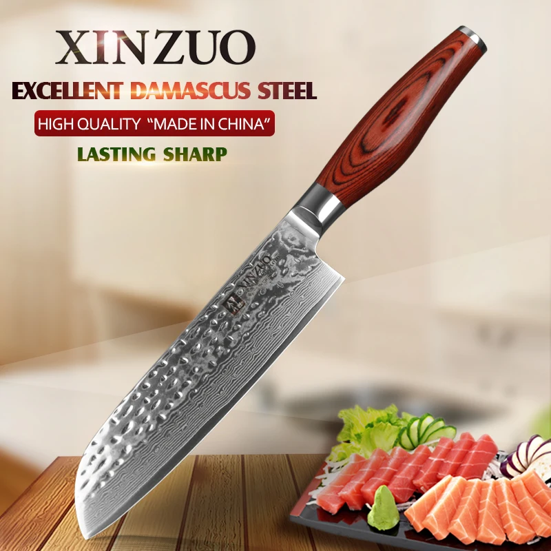 XINZUO 7 дюймов нож Santoku 67 слой Китай нож шеф-повара Дамасская нержавеющая сталь Профессиональный кухонный нож с деревянной ручкой Pakka