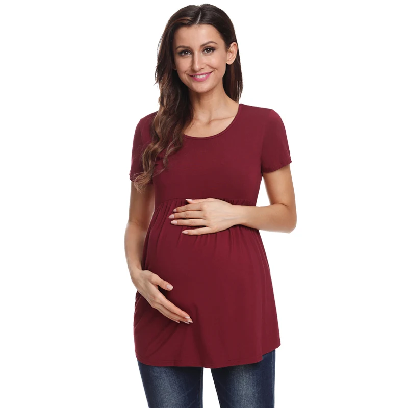 Maternity Tunic Top Short Sleeve Pregnancy Shirt Clothes for women Side Ruching Round Neck Pregnancy Top straps Loose Tops