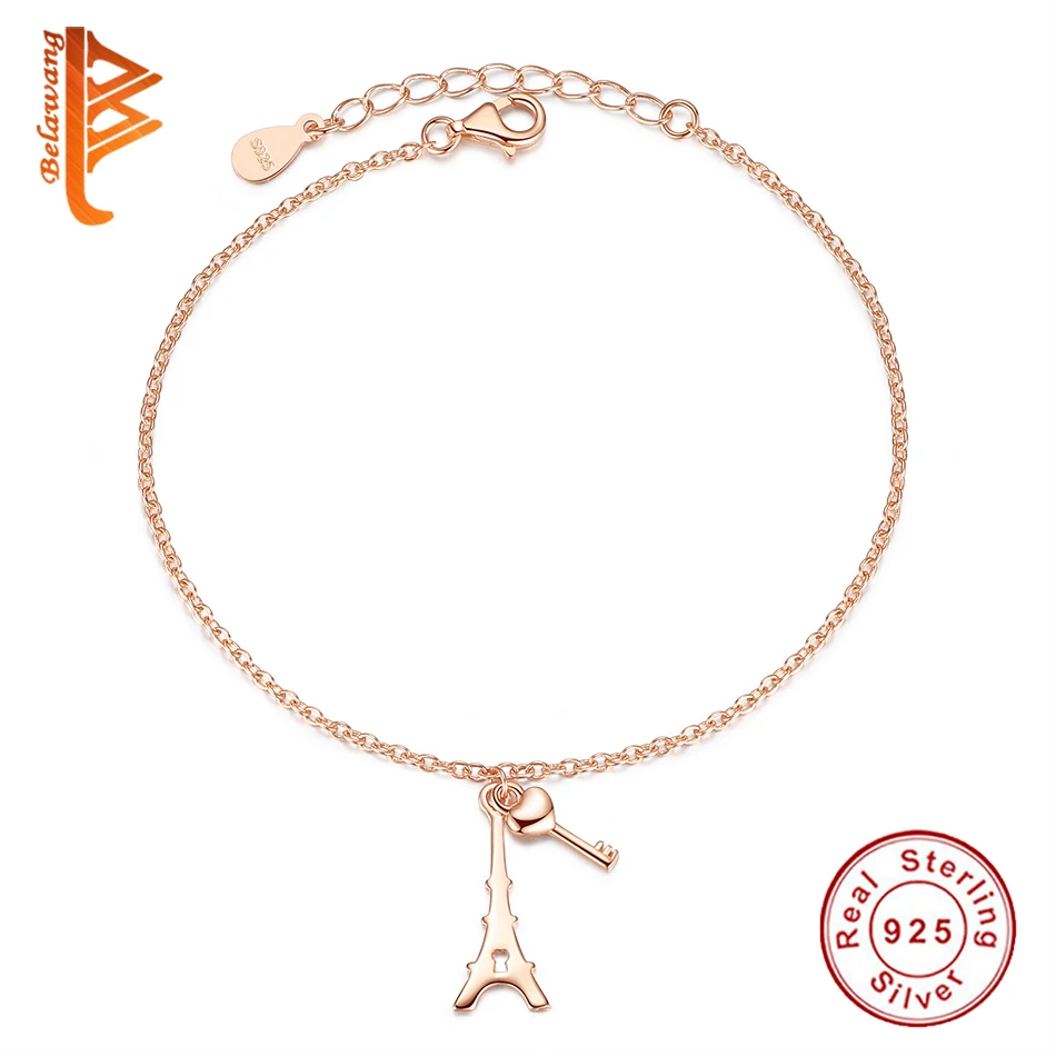 Розовое золото медальон сердце браслеты для женщин девушек с Парижем Эйфелевой башней 925 пробы Серебряная цепочка очаровательный браслет модное ювелирное изделие