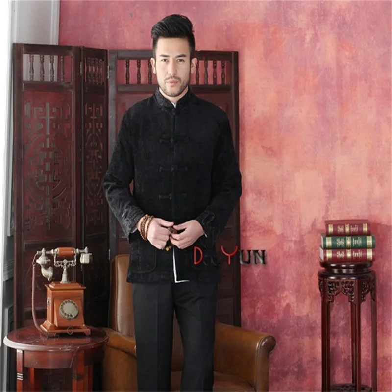 Free Shipping Black Chinese Traditional Men's Jacket Long sleeve Velvet Coat Tang Suit S M L XL 
