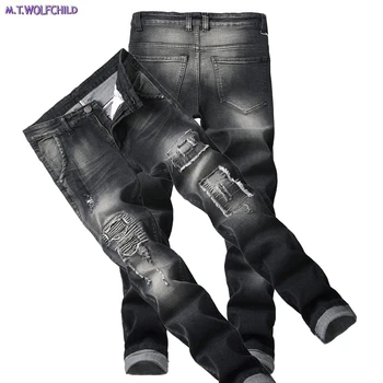 

Fashion 2018 Male jeans mens Distressed hole patchwork denim pants casual straight slim Elasticity Locomotive pants 28-42