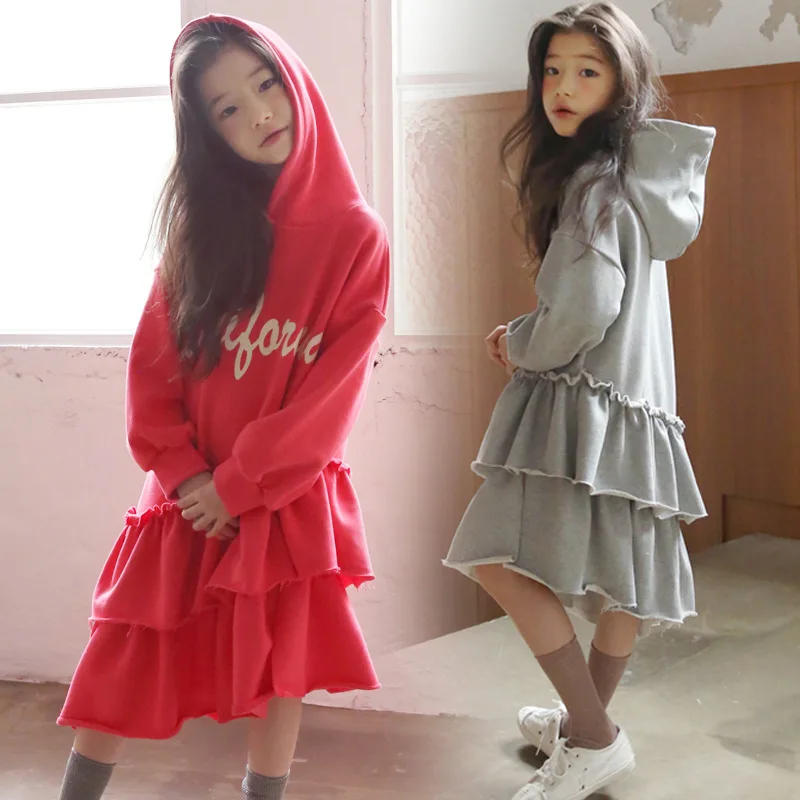 

Teenage Girl Dress Kids Girls Asymmetrical Dress Teens Spring Long Sleeve Hoodie Dresses Ruffles Fall Clothes for 4-15Yrs CA741