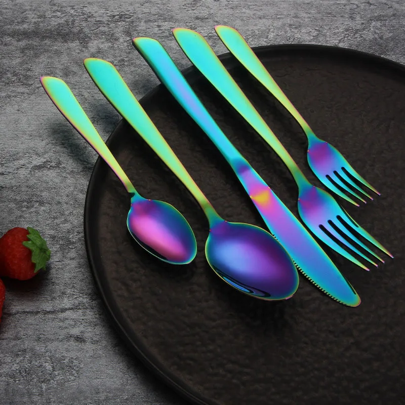 

Fork Dinnerware Stainless Steel 4pcs/set Colorful Portable Cutlery Set Rainbow Dinner Set Travel Knife Tableware Sets Home-Party