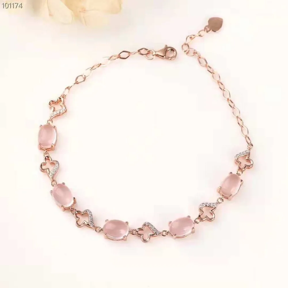 

Fashion 100% 925 Sterling Silver Natural Gemstone Pink Hibiscus Bracelet for Women Romantic Sweet Gift Fine Jewelry Oval MEDBOO