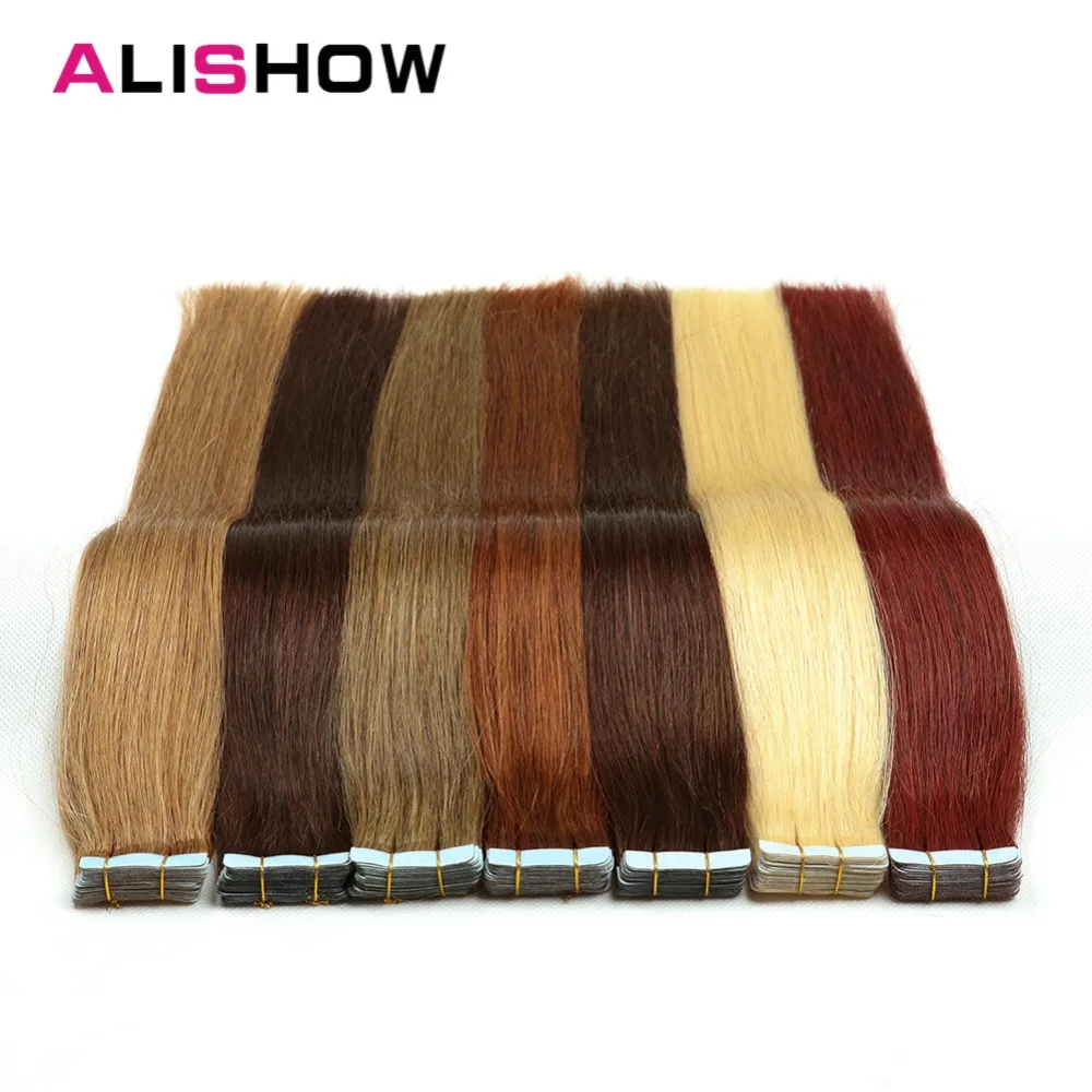 Alishow ленты в Пряди человеческих волос для наращивания Волосы remy 16 дюймов-24 дюймов 20 шт./упак. прямые волосы ПУ натуральный ленты в