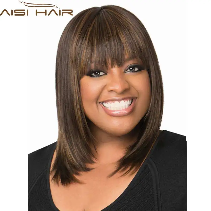 14 Females Cheap Short Straight Bob Wig With Bangs African American Wig For Black Women Synthetic Fake Hair Natural Lolita Wig