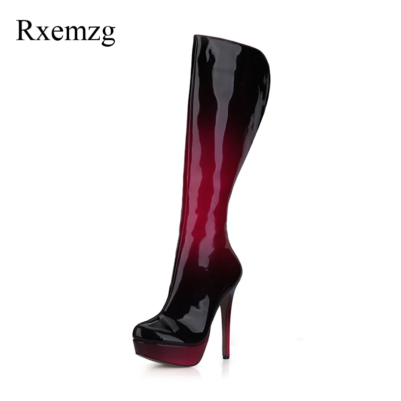 

Rxemzg sexy mixed color knee-high motorcycle boots patent leather winter woman boots super high thin heels fashion zipper boots
