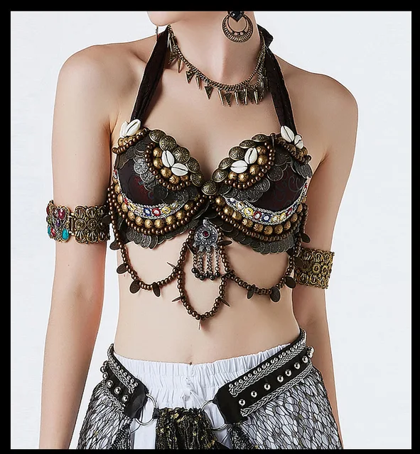 Tribal Belly Dance Push Up Beaded Bra B-C-D Cup Vintage Gypsy Bra Bronze  Coins Swags ATS Tops - AliExpress