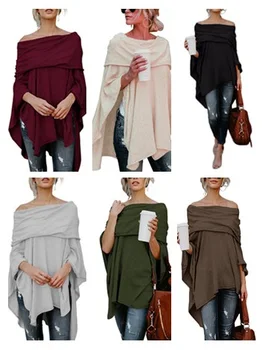 

Women Asymmetric Off Shoulder Sweater Casual Fall Top Pullover Overlap Solid Poncho Fashion Clothing Ladies Tops