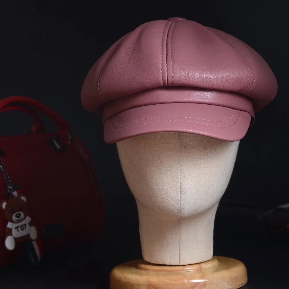Women's Ladies Genuine Leather Sheep Skin Fashion Colorful Beret Octagonal Cap Painter Cap Newsboy Jazz Caps/Hats