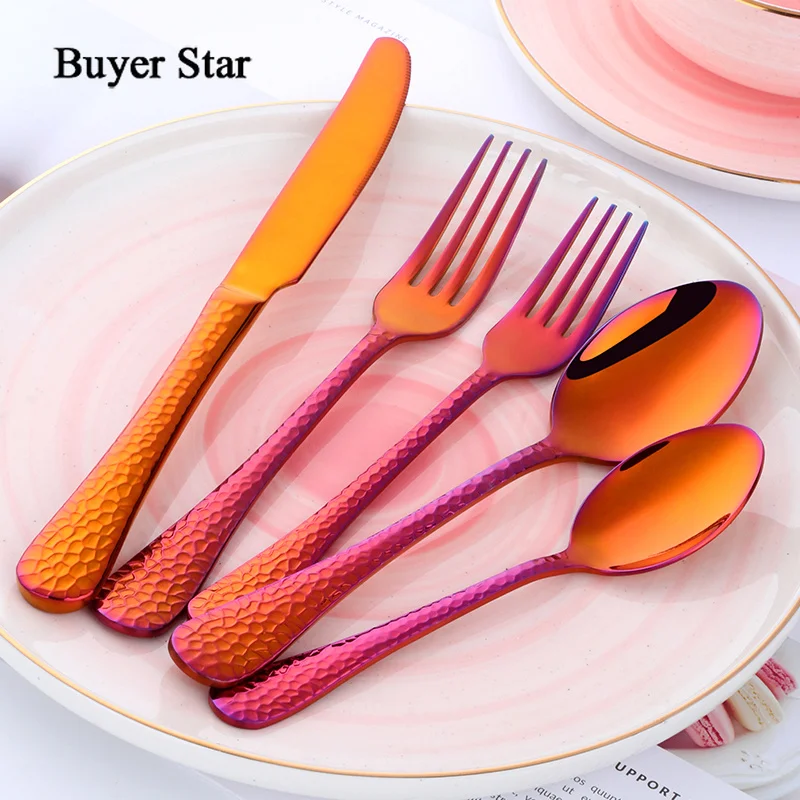 

Buyer Star 5 Piece Dream Color Flatware Gold Black Dinner Tableware Silverware Dinner Fork Spoon Knife Cutlery Set Drop Shipping