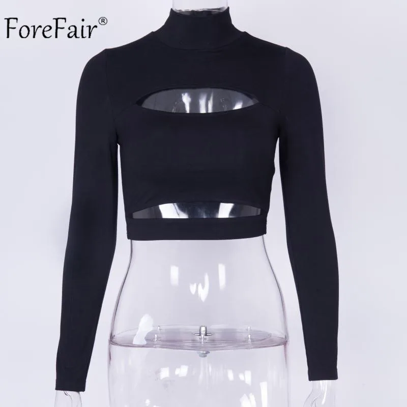 Forefair Turtleneck Cut Out Sexy Crop Top Women Autumn 2018 Cropped Top White Black Winter Long Sleeve Shirt Women