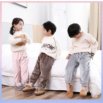 

Winter Thicker Children Pants for Boys Coral Fleece Loose Elastic Waist Solid Color Cotton Causal Pants Girls Boys Warm FIT 2-7T