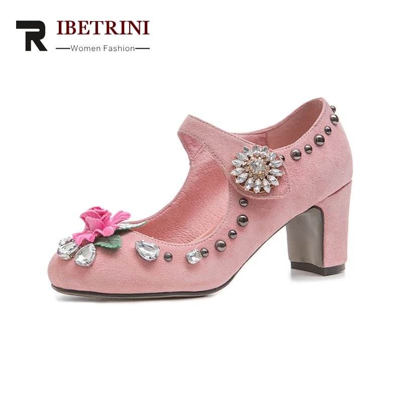 

RIBETRINI 2020 Brand Kid Suede Chunky Heels Women Shoes Woman Fashion Black Pink Party Wedding Pumps Size 34-40