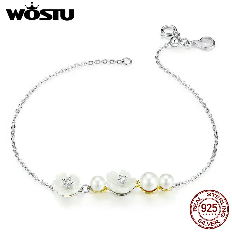 

WOSTU 2019 New 925 Sterling Silver Blooming Flowers Adjustable Bracelet Clear Elegant White Petals Bracelet For Women CTB024