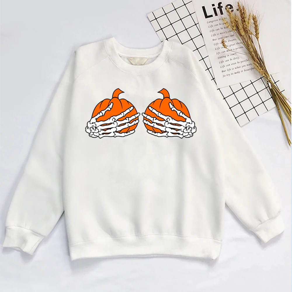 

Halloween Sweatershirt Pumpkin Sweatershirt Hoodie Halloween Pumpkin Breast Skeleton Hands Unisex Sweatershirt