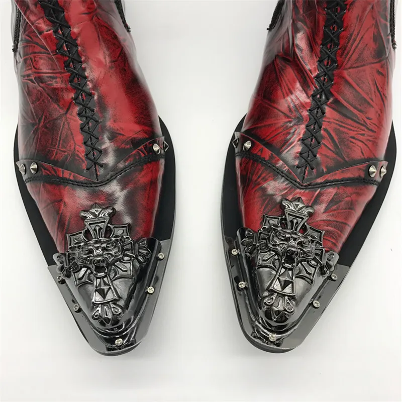 Mabaiwan/мужские кожаные ботильоны с металлическим острым носком; Мужские модельные туфли с заклепками; высокие военные ковбойские ботинки; мужская обувь - Цвет: Красный