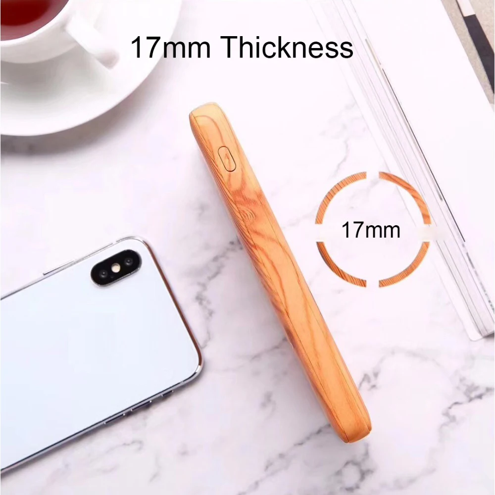 Wood Design Wireless Charger 10000Amh Power Bank Portable USB Type C Qi Wireless Charging Pad Power bank for iPhone X 6 7 8 Plus