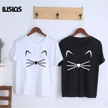 

LUSLOS Harajuku T Shirt Women Summer Cute Cat Face Print Tshirt Plus Size White Black Casual Short Sleeve Fashion Streetwear Tee
