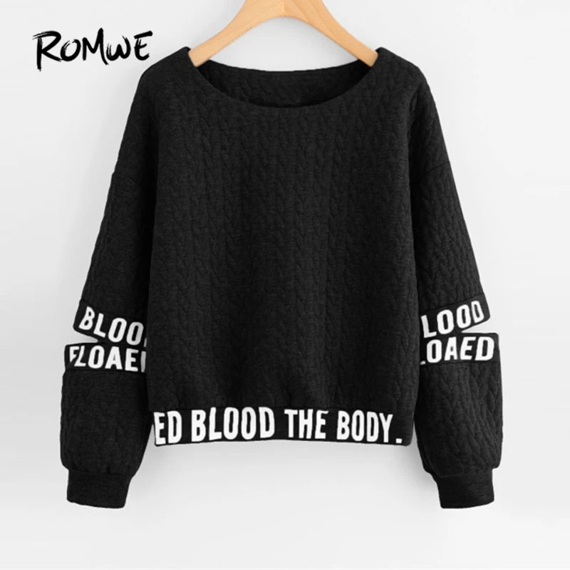  ROMWE Drop Shoulder Cut Sleeve Sweatshirt Black Long Sleeve Cut Out Letter Female Top Round Neck Re